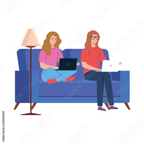 women working in telecommuting sitting in couch vector illustration design