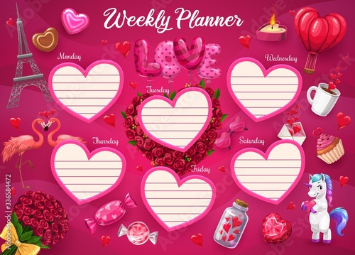 Weekly planner with heart frames, girl daily schedule organizer, vector school plan. Weekly planner template with romantic Paris Eiffel tower, cartoon unicorn, Valentine jewel hearts and flowers