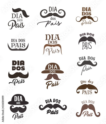 Wallpaper Mural Fathers Day vector icons of Dad holiday with mustaches, retro hats and Portuguese lettering quotes Dia dos Pais. Hipsters moustaches, bowlers and Fathers Day hand drawn font, greeting card design Torontodigital.ca