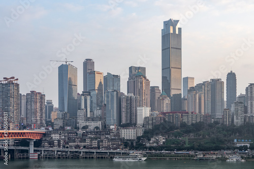 CBD Skyscrapers near Hongya dong cave by Jialing river in Chongqing  southwest China