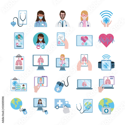 online doctor, physician technology consultant medical icons set, flat style icon