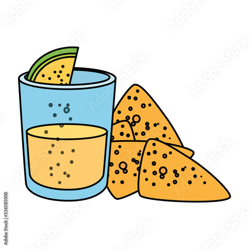 Mexican tequila shot with lemon and nachos design, Mexico culture tourism landmark latin and party theme Vector illustration