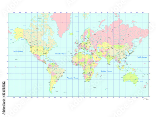 世界地図 ミラー図法 ヨーロッパ中心 - 国ごとにバラバラになります | World Map - Miller cylindrical projection : The Europe center