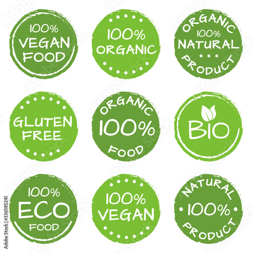 Organic food, natural products icon set. Eco, Bio and Vegan green labels or logos. Gluten free badge. Vector illustration. 