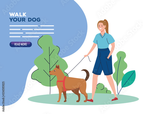 woman walking your dog in the park vector illustration design