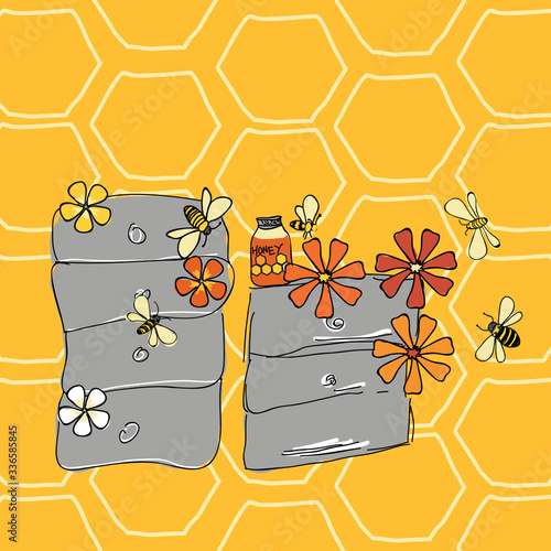 At the hive, bees buzzing around manmade beeboxes with flowers on bright yellow honeycomb background, vector illustration