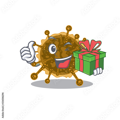 Smiling negarnaviricota cartoon character having a green gift box