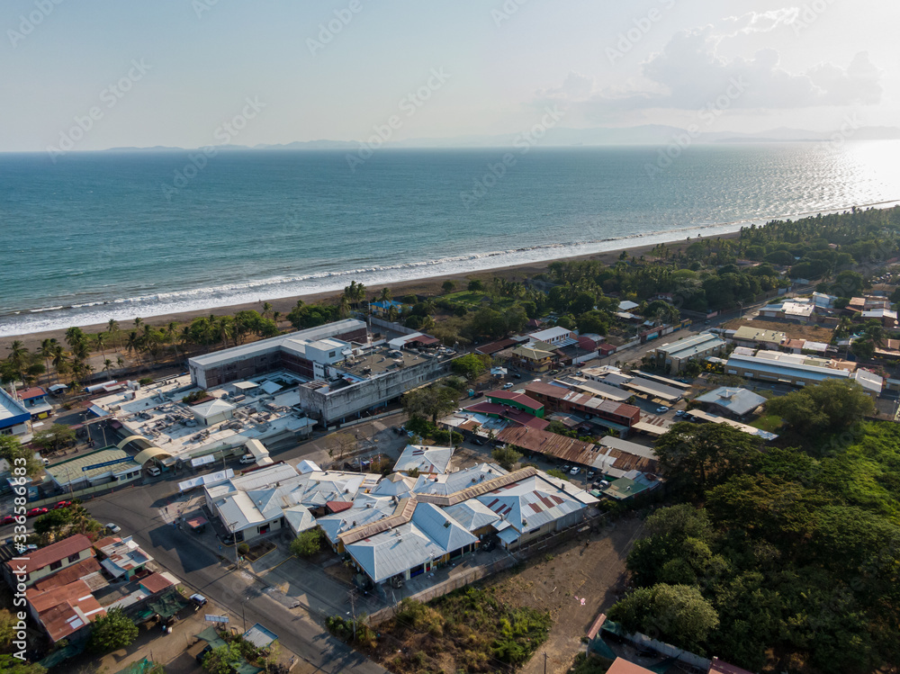 Aerial view of the Hospital Monseñor Sanabria, in Puntarenas in front of the ocean