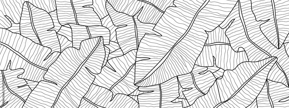Tropical banana leaf Wallpaper, Luxury nature leaves pattern design, Golden banana leaf line arts, Hand drawn outline design for fabric , print, cover, banner and invitation, Vector illustration.