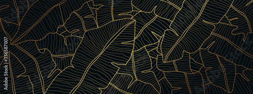 Tropical banana leaf Wallpaper, Luxury nature leaves pattern design, Golden banana leaf line arts, Hand drawn outline design for fabric , print, cover, banner and invitation, Vector illustration.