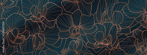 Luxury Orchid wallpaper design vector. Tropical pattern design,Blossom floral,  Blooming realistic isolated flowers. Hand drawn. Vector illustration. photo