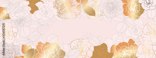 Luxury Rose gold floral wallpaper design vector, Golden rose pattern design background for wedding, banner, card, cover, and packaging design background. Vector illustration.