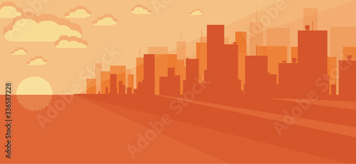 Bright sun and orange sunset golden hour over tall metropolitan city buildings landscape skyline flat illustration silhouette