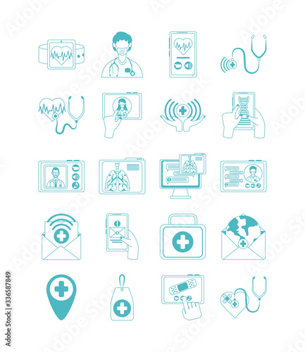 online doctor, physician technology consultant medical icons set, line style icon