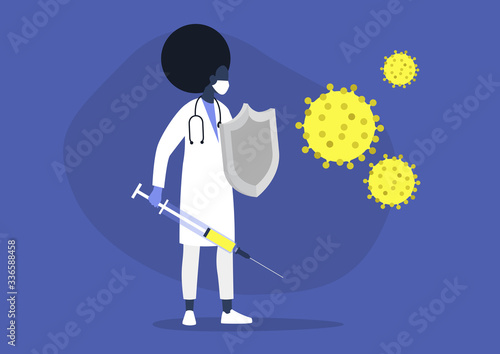 Young black female doctor fighting the virus with a sword and shield, healthcare, the immune system, vaccination
