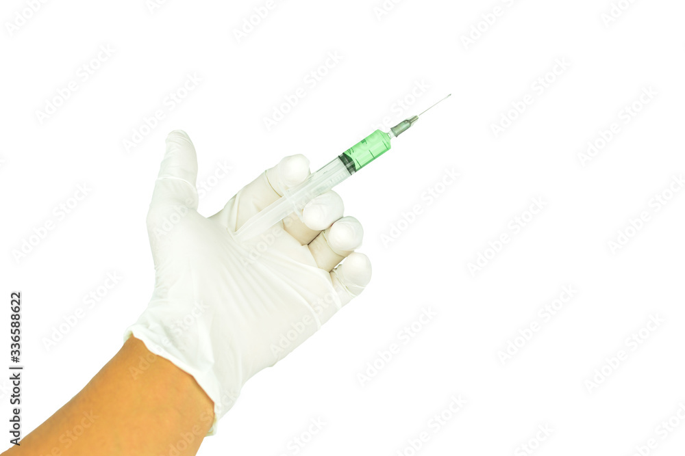 Doctor hand in white latex glove with hypodermic syringe on isolated white background. Concepts of Flu virus, Covid-19 (Coronavirus disease). Can used for microbiology concept or medical healthcare. Doctor hand in white latex glove with hypodermic syringe on isolated white background. Concepts of Flu virus, Covid-19 (Coronavirus disease). Can used for microbiology concept or medical healthcare.