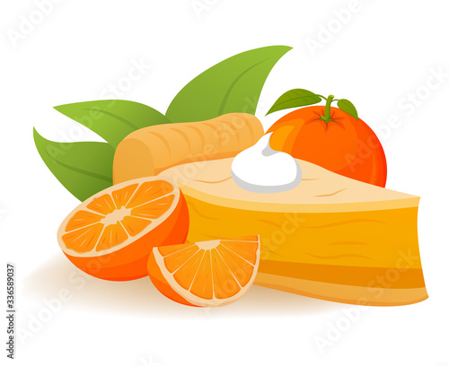 Orange pie Slice topping whipped cream. Tropical fruit dessert concept. Realistic vector illustration.