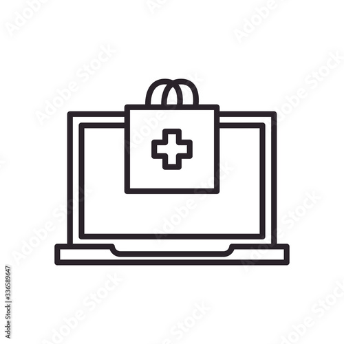 Laptop and bag with cross line style icon vector design