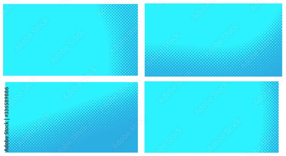 Fototapeta premium Blue pop art background. Abstract creative vector comics style blank layout template with clouds beams and isolated dots pattern. Set for sale banner, empty polka dots bubble.
