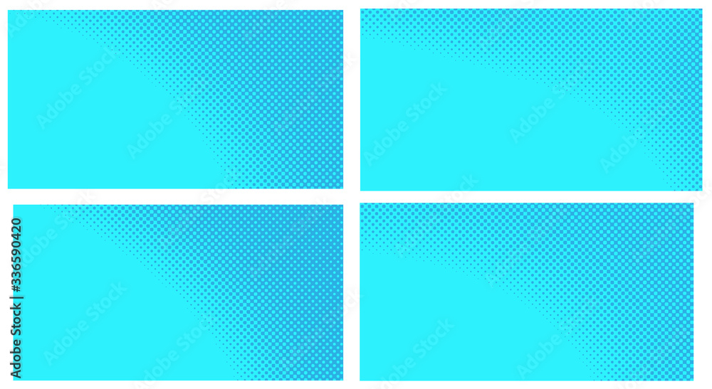 Fototapeta premium Blue pop art background. Abstract creative vector comics style blank layout template with clouds beams and isolated dots pattern. Set for sale banner, empty polka dots bubble.