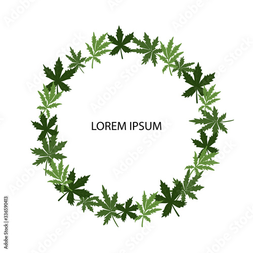 Cannabis leaf with place for Your text. Vector illustration in flat cartoon minimalist style. Perfect for poster, card, invitation, banner, flyer, logo.