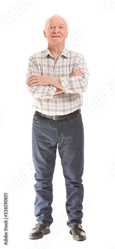 Portrait of elderly man on white background