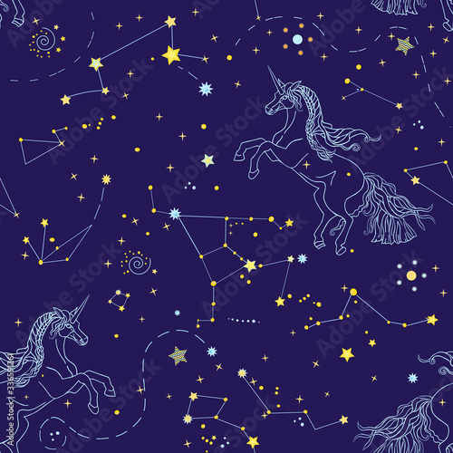 Romantic seamless pattern with cosmos and linear contour unicorns on the blue background. Vector illustration