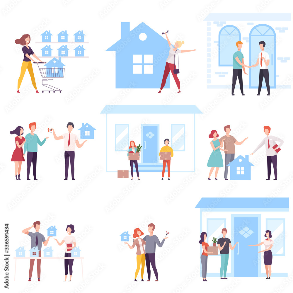 People Buying or Renting Real Estate Set, Agents or Brokers Helping Couples to Choose House Vector Illustration People Buying or Renting Real Estate Set, Agents or Brokers Helping Couples to Choose House Vector Illustration