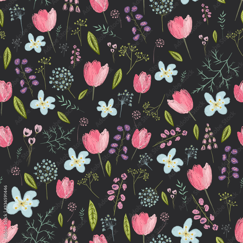 Naklejka Seamless pattern with spring flowers on black background