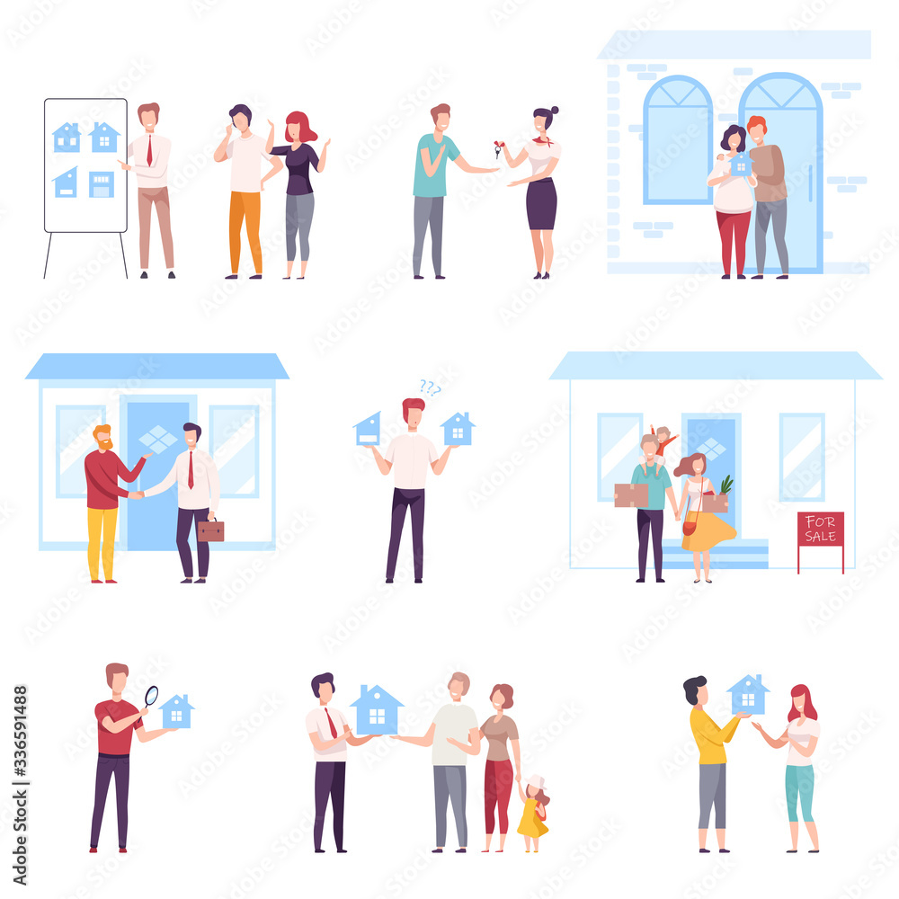 People Buying or Renting New House Set, Real Estate Agents or Brokers Helping Couples to Choose Home Vector Illustration People Buying or Renting New House Set, Real Estate Agents or Brokers Helping Couples to Choose Home Vector Illustration