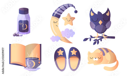 Set of different things in thematic of healthy sweet sleep. Vector illustration in a flat cartoon style.
