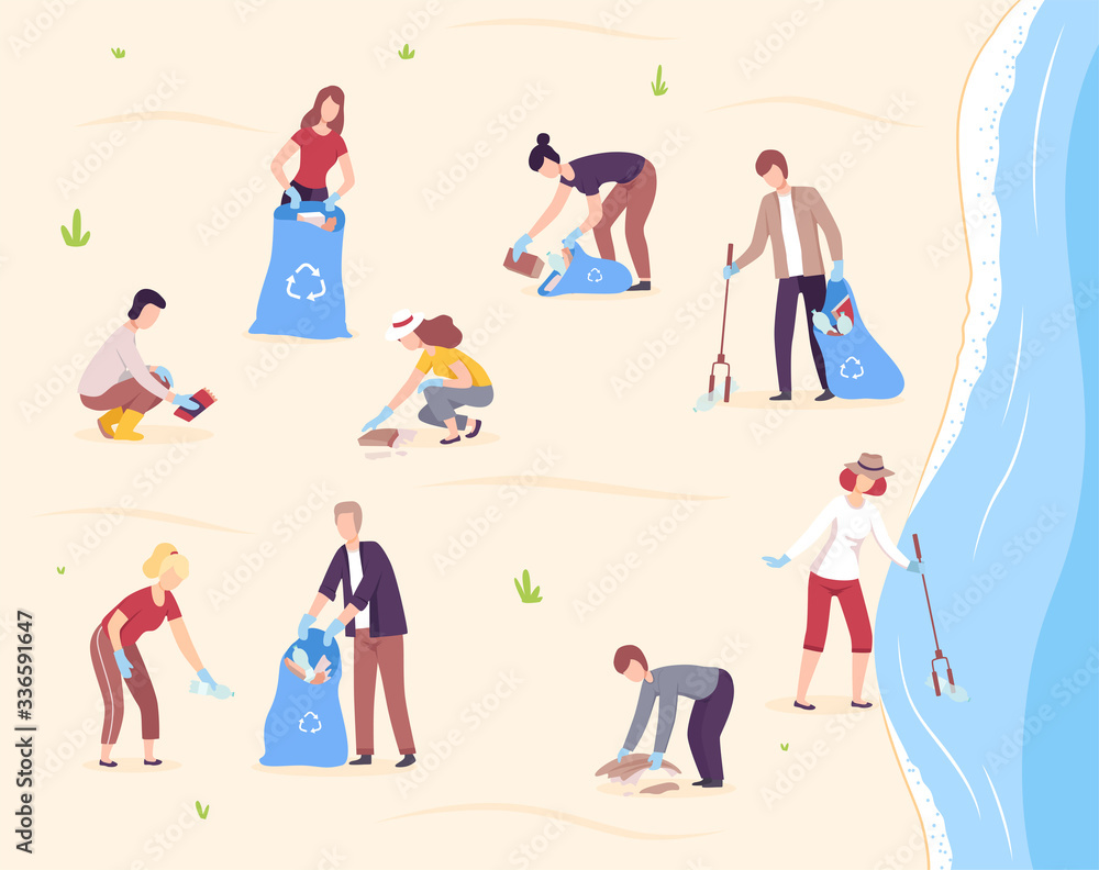 People Collecting Trash into Plastic Bags, Volunteers Cleaning the Beach From Pollution Vector Illustration