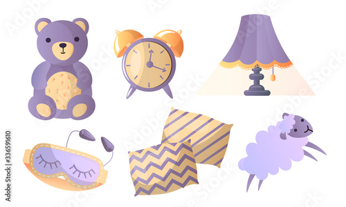 Set of different things in thematic of healthy sweet sleep. Vector illustration in a flat cartoon style.