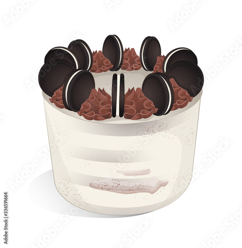 delicious chocolate cake with caramel and cookies in realistic style