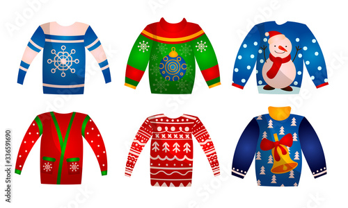 Set of festive sweaters with thematic Christmas images. Vector illustration in flat cartoon style.