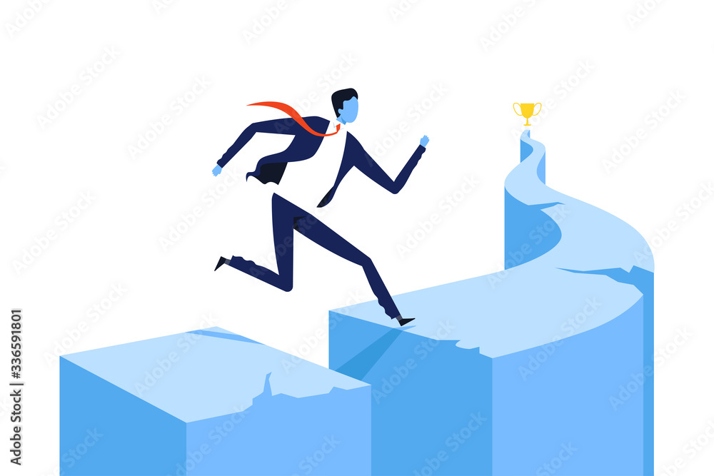 Successful Businessman Running Winding Path to Golden Winner Cup Vector Illustration