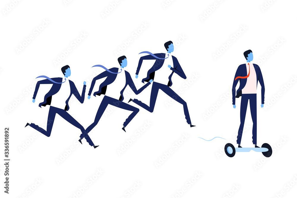 Successful Businessman Riding on Gyroboard Ahead of His Competitors, Competition, Leadership, Startup Vector Illustration Successful Businessman Riding on Gyroboard Ahead of His Competitors, Competition, Leadership, Startup Vector Illustration