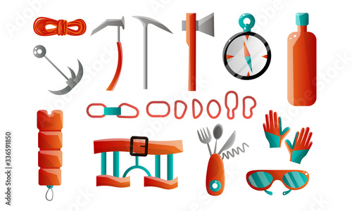 Set of mountain climber tools and equipment for backpacking. Vector illustration in flat cartoon style.