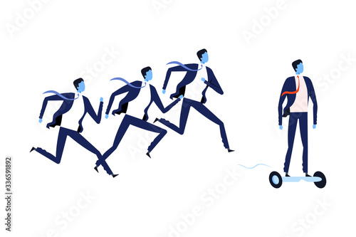 Successful Businessman Riding on Gyroboard Ahead of His Competitors, Competition, Leadership, Startup Vector Illustration