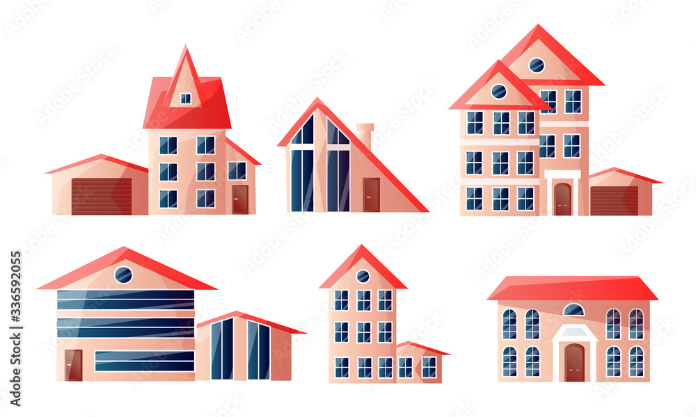 Set of modern beautiful urban multi-story houses with red roofs in different shapes. Vector illustration in flat cartoon style.