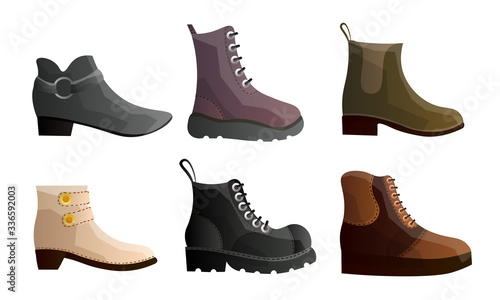 Set of modern types of stylish winter shoes in different shapes. Vector illustration in flat cartoon style.