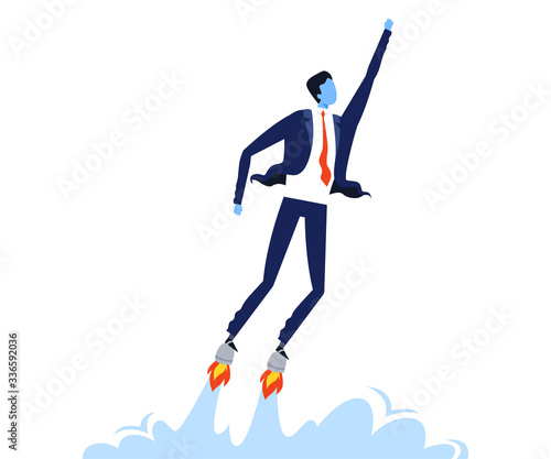 Businessman Flying with Jet Engine under Shoes, Startup, Business Success, Leadership Concept Vector Illustration