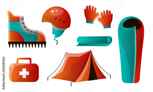 Set of mountain climber tools and equipment for backpacking. Vector illustration in flat cartoon style.