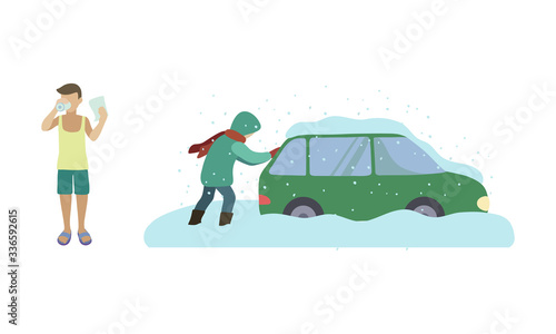 Set of people struggling with bad weather conditions such as as strong snowfall, abnormal heat. Vector illustration in flat cartoon style.