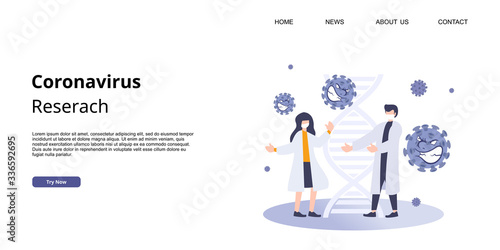 Coronavirus Covid-19 antivirus medical research vector illustration. Landing page virus research with scientist discussion. Men, women medics group try to fined coronavirus antivirus vaccine.