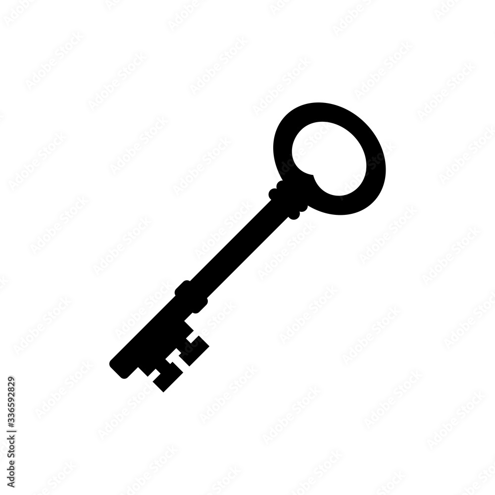 Old key house icon logo. Old key silhouette antique lock illustration on white background Old key house icon logo. Old key silhouette antique lock illustration on white background