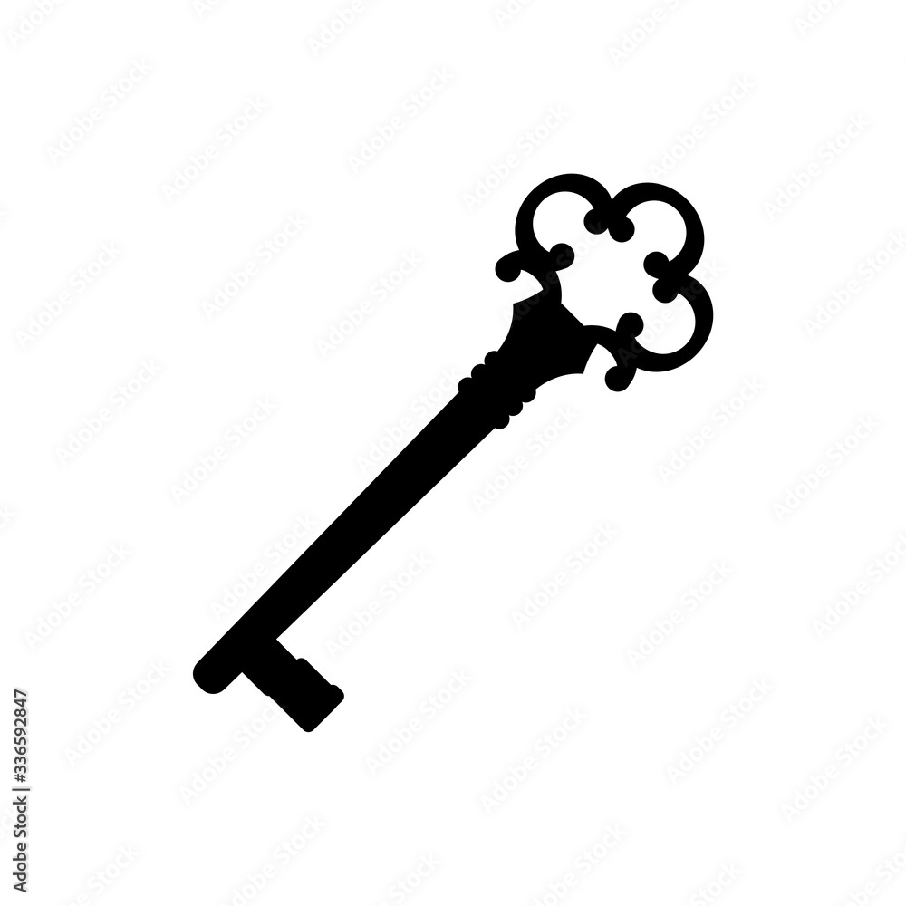 Old key house icon logo. Old key silhouette antique lock illustration on white background Old key house icon logo. Old key silhouette antique lock illustration on white background