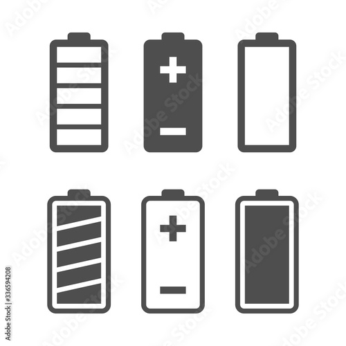 Battery vector icon set with charge level indicators. Flat simple isolated icons