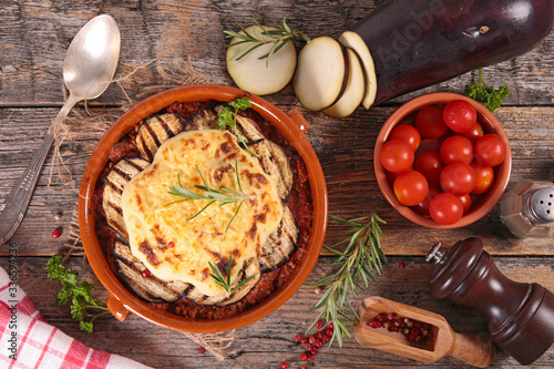 moussaka- fried eggplant with tomato sauce, beef and cheese