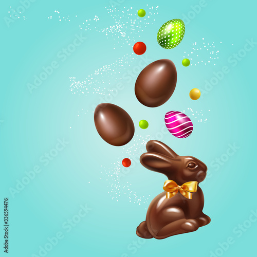 Beautiful modern Composition Easter rabbit, 3D Realistic Easter eggs and sweets. Chocolate bunny with bow and chocolate and colored eggs Holiday Happy Easter big hunt vector background